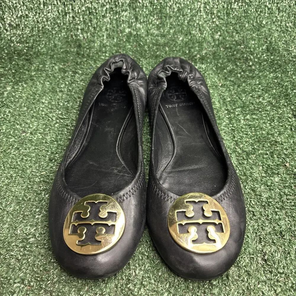 Tory Burch Women's 8 M Black Leather Ballet‎ Flats Round Toe Slip On Logo Accent